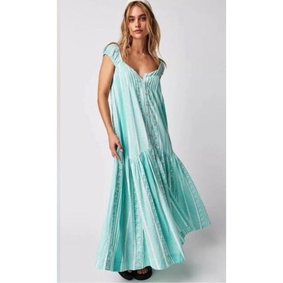 FREE PEOPLE Mabel Maxi Dress in Teal Undyed Combo Size Small / NWOT - Picture 1 of 10